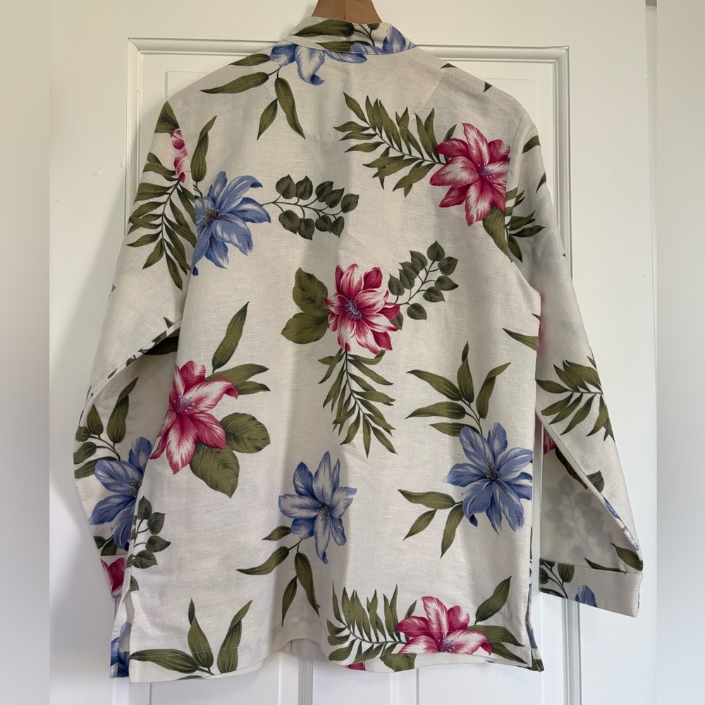 Coldwater Creek Linen Blend Mandarin Collar Shirt Jacket Botanical Cottagecore M - Picture 2 of 11